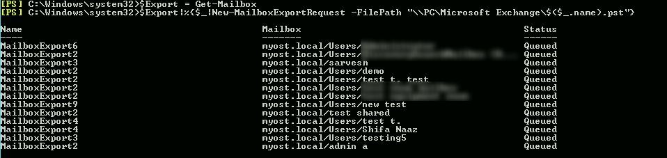 command to export multiple exchange mailbox to pst_censored